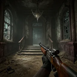 fps view with shotgun, haunted manor, entrance hall, stairs, cobwebs, dust, dirt, broken windows, creepy, video game, ultra graphism, hyperdetailed, artstation, cgsociety, 8 k