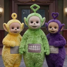 evil teletubbies with giant human gums and teeth in the style of tim burton. film still, movie still