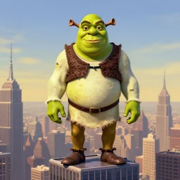 portrait Hank Hill wearing a shrek the ogre costume head eyes with ripped physique stands atop a skyscraper norman rockwell brad rigney winslow homer greg rutkowski stop-motion