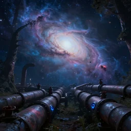 a forest of connected pipes in space, scifi, futuristic, galaxy, nebula, raytracing, dreamy, blue cyborg eyes, sharp focus, cinematic lighting, highly detailed, artstation, divine, by gauthier leblanc, kazuya takahashi, huifeng huang