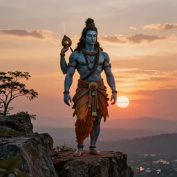 lord shiva as a muscular comic book character, smoking at the edge of a cliff, looking at a beautiful sunset