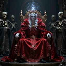 the cursed king using a very decorated red furry silk cloak, sitting in the throne in lotus position, ethereal aura over his head, surrounded by skelleton royal guards, dark surrealism, cinematic scene, wide view, detailed, 8 k, trending on cgi society, elegant, matte painting, canon dslr, zeiss lens, fantasy style, volummetric light