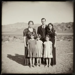 Daguerreotype image of Addams family on summer vacation in death valley. no frame
