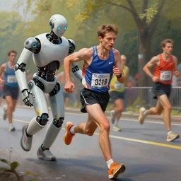 beautiful digital painting of man helping robot run a marathon, high detail, 8 k, stunning detail, works by artgerm, greg rutkowski and alphonse mucha, unreal engine 5, 4 k uhd