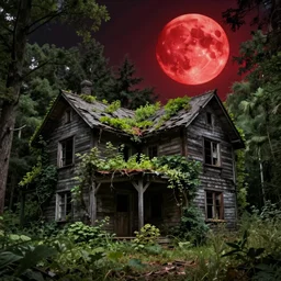 abandoned wooden overgrown house, forest, full red moon, cosmic horror