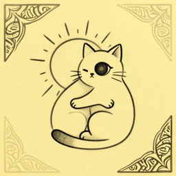 tattoo sketch of a one eye cat hugging the sun, on a yellow paper, maori ornament, polinesian style, minimalism, vector