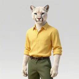 beautiful portrait commission of a male Furry Anthro albino mountain lion Fursona wearing a yellow button-down shirt, olive green slacks in a old saloon. Atmospheric. Renowned character illustration by greg rutkowski, thomas kindkade, alphonse mucha, loish, norman rockwell. detailed, inked, western comic book art