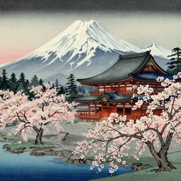 A Japanese temple with snow-capped mountains in the background and a cherry tree in the foreground in Hasui Kawase's style, Ukiyo-e