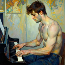 attractive muscular man, playing piano, cool colors, painting by gaston bussiere, craig mullins, greg rutkowski, alphonse mucha