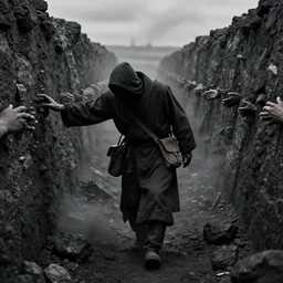 a shaking, black - robed figure in a coalfield is walking limp and hunched over. the field is saturated with coal dust, hiding the face of the person. a satchel slung over his shoulder drags him forward as he walks along the rows of miners, each hand reaching out to grasp at the few remaining bits of coal left in the wall, digital art, artstation