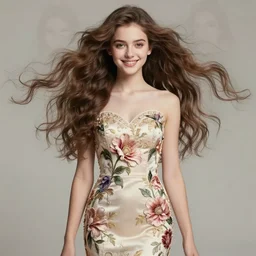 romantic and fashion and love princess of the flower with sheath dress, 8 k realistic, teenager girl, baroque, symmetrical, flowing hair, smile, trending pinterest and pixiv, muted colors, hyperrealistic, l close up shot, character concept art, face by kyoung hwan kim, alexandra fomina, ilya kuvshinov