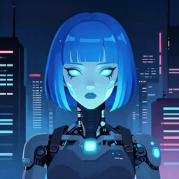 super detailed 8 0's illustration horror art of a glowing android girl with blue hair bangs, cyberpunk city, danguiz, flat art, sharp, by ilya kuvshinov