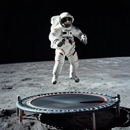 Apollo astronauts jumping on a trampoline on the moon, 1969, photo