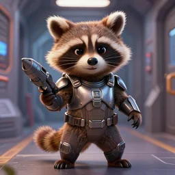 closeup portrait, furry rocket the raccoon standing in the hallway of a space ship from guardians of the galaxy, wearing mass effect armor, holding a rocket launcher, soft volumetric lighting, cinematic, pixar, confident action pose, octane, 8 k, photorealism!!