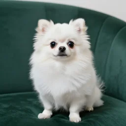 small white pomeranian chihuahua dog on a green velvet sofa, photorealistic, hyper detailed, 8k, tight focus, masterpiece, trending on artstation