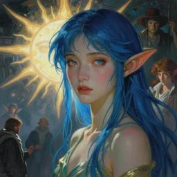 stunning, breathtaking, awe-inspiring award-winning concept art nouveau painting of attractive Asian elf nymph with blue hair and elven ears, as the goddess of the sun, with anxious, piercing eyes, by Alphonse Mucha, Michael Whelan, William Adolphe Bouguereau, John Williams Waterhouse, and Donato Giancola, cyberpunk, extremely moody lighting, glowing light and shadow, atmospheric, cinematic, 8K