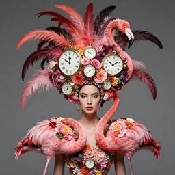 woman with a strange headpiece, alexander mcqueen flamingo baroque, panfuturism, made of clocks, made of flowers, made of long feathers, hybrid, extravagant, retro futuristic, bold natural colors, masterpiece, trending on artstation, photography