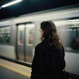 A portrait photography of a Caucasian woman from behind standing and waiting in a subway platform. A train is passing by. Noir style. Cinematic frame. Cinestill 800T film. Lens flare. Contrast. Film grain. Depth of field. Swirly bokeh.