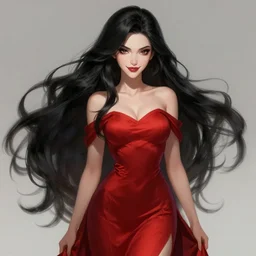 a highly detailed illustration of beautiful long black hair white woman wearing a red dress, dramatic smile pose, intricate, elegant, highly detailed, centered, digital painting, artstation, concept art, smooth, sharp focus, league of legends concept art, WLOP