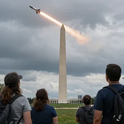 people looking at missile crossing the sky to washington dc, cloudy day, hyperdetailed, artstation, cgsociety, 8 k