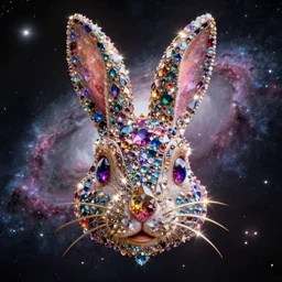 a gigantic rabbit face of The Wonderful Wizard of OZ sculpted by Simon Stålenhag and H. R. Giger made out of gems in void space hubble deep field