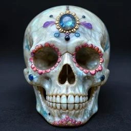 day of the dead skull made of labradorite, front view, symmetrical