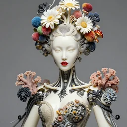 beautiful porcelain ivory woman elegant biomechanical cyborg, beautiful fair face, red plump lips, iris van herpin, elegant haute couture, black intricate details, cable wires, laser cut mesh, headdress with daisies, colorful puffballs, mushrooms, rhizomorphs, brackets, fractal sponge corals, magnesium, hyper detailed, ultra sharp, soft light, 8 k, uhd