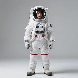 petite astronaut in spacesuit, photorealistic portrait photography, full body, standing, isolated on a pure white background, centered, whole figure in frame, sharp focus, studio lighting