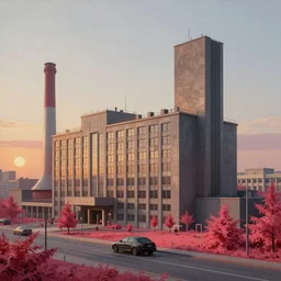 a beautiful photorealistic painting of city industrial architecture military building architecture by bernard tschumi, sunset infrared morning sun, archdaily, wallpaper, highly detailed, trending on artstation.