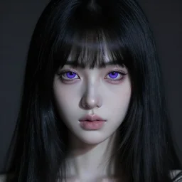 Pale-skinned Persian girl, black hime cut, purple eyes, mysterious girl, close up, photograph