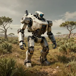 a robot warzone on shrubland garigue, matte painting, concept art, 4 k