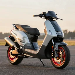 photo of a concept sport maxi scooter, brembo brakes, huge exhaust, sick paintjob, tuning award, racing appearance, high powered engine, racing exhaust, golden hour, colorful rims, 8 5 mm, f / 1. 3