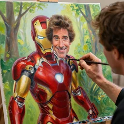 a closeup photorealistic photograph of bob ross working on a canvas painting of iron man with happy trees. film still, vibrant colors. this 4 k hd image is trending on artstation, featured on behance, well - rendered, extra crisp, features intricate detail, epic composition and the style of unreal engine.