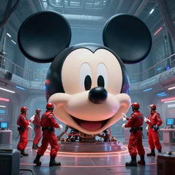 a group of red pilots surgically repair a giant [ mickey mouse head ]!!! in a'netflix'airplane hangar!!, cyberpunk art by kuno veeber, cgsociety, retrofuturism, dystopian art, reimagined by industrial light and magic, # vfxfriday, in the style of beeple