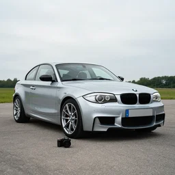 a photo of a bmw 135i taken from a camera sitting on the ground, wide angle shot