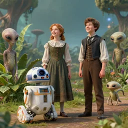 a girl and a boy standing next to some alien plants, looking happy, both wearing 1860's clothes, their pet droid is nearby, while a small cute alien creature is standing behind them, in a park on a alien planet, ultra realistic facial details, enhanced faces, ultra photorealistic raytracing, 8k
