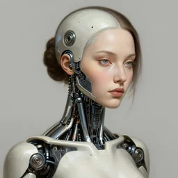 portrait of female bionic android, intricate, elegant, highly detailed, smooth, sharp focus, concept art, digital painting, illustration, artstation, by fra angelico, sandra chevirer and greg ruthkowski