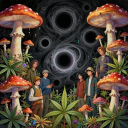 an expansive rendering of beautiful and complex ultimate void and black holes by dan mumford, by jim fitzpatrick, by joe wilson, by jim burns, by victo ngai, by jacek yerka, surrounded with colorful magic mushrooms and rainbowcolored marihuana leaves, insanely integrate, featured on deviant art, trending on artstation