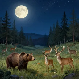 stars happy night grand deer wilderness animals fields woodlands bears llustration sharp focus moonlit vista starlight painted ruan jia raymond swanland lawrence alma tadema zdzislaw beksinski norman rockwell tom lovell alex malveda greg staples