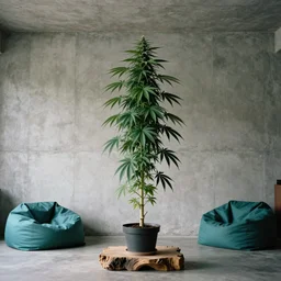 large single cannabis plant in a pot grows to the ceiling, kodak portra 4 0 0, 8 k, shot of a highly detailed, britt marling style, colour still - life portrait of a large minimalistic room, rough concrete walls, a single rough carved wooden teal, with comfortable beanbags, muted colours