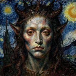 unknowable lovecraftian monster with a human face, portrait, Renaissance painting, vincent van gough,, Michelangelo, dark, gothic