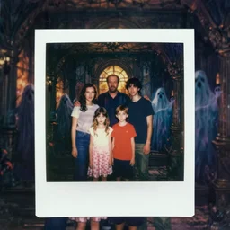 an unsettling colored family photograph shot on polaroid, anxious people standing in a large haunted house, phantom ghosts in the background, cinematic, horror, photorealistic, vintage, artstation, painterly, expressive