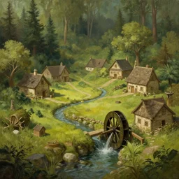 a small serene fantasy village on the edge of the woods, small stream, water wheel, lord of the rings, smooth, detailed terrain, oil painting, matte painting, concept art, trending on artstation, by kim jung gi, rule of thirds