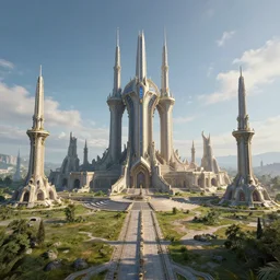 protoss architecture, beautiful structure ground, land and sky, landscape, beautiful art uhd 4 k, artstation, hdr, 4 k, incredible detail, cinematic lighting, unreal engine 5