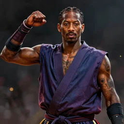 face portrait of allen iverson as a muscular ronin samurai, wearing a haori, by wlop and peter mohrbacher, dramatic action pose, extremely detailed shading, concept art, digital painting, trending on artstation, unreal engine 5, octane render, atmosphere, glow, cinematic lighting, full of color