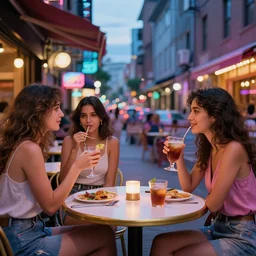summer night, city streets and nightclubs, diners, beautiful girls, very coherent and colorful high contrast art, art by simon stalenhag, floralpunk screen printing woodblock, pastel color, hard lightings