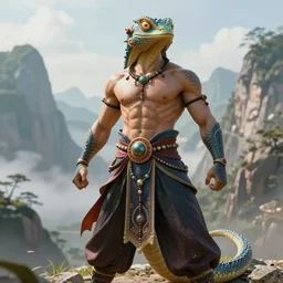 full figure, beautiful fantasy character portrait, male martial artist, fit anthropomorphic lizard, dressed in fluent oriental pants, jeweled, mountain background, hyper realistic, highly detailed by peter mohrbacher, wayne barlowe, boris vallejo, paolo eleuteri serpieri