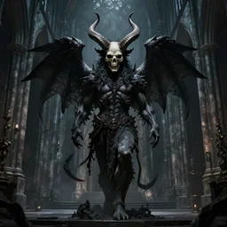A highly detailed occult art of a demon with huge horns and a skull mask , standing in the middle of a dark gothic cathedral , art by TheArchangel