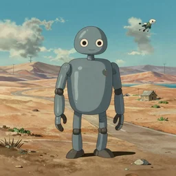 a study of cell shaded cartoon of a grey robot st. bernard from howl's moving castle ( 2 0 0 4 ) on a desert road, full body, wide shot, very muted colors, post grunge, studio ghibli, laurie greasley, highly detailed, deviantart, art by artgem
