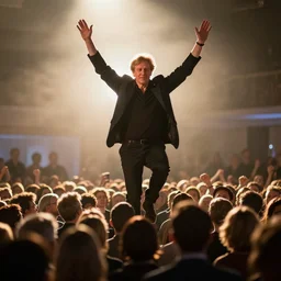 backlit levitating geert wilders raising both his arms amid a crowd